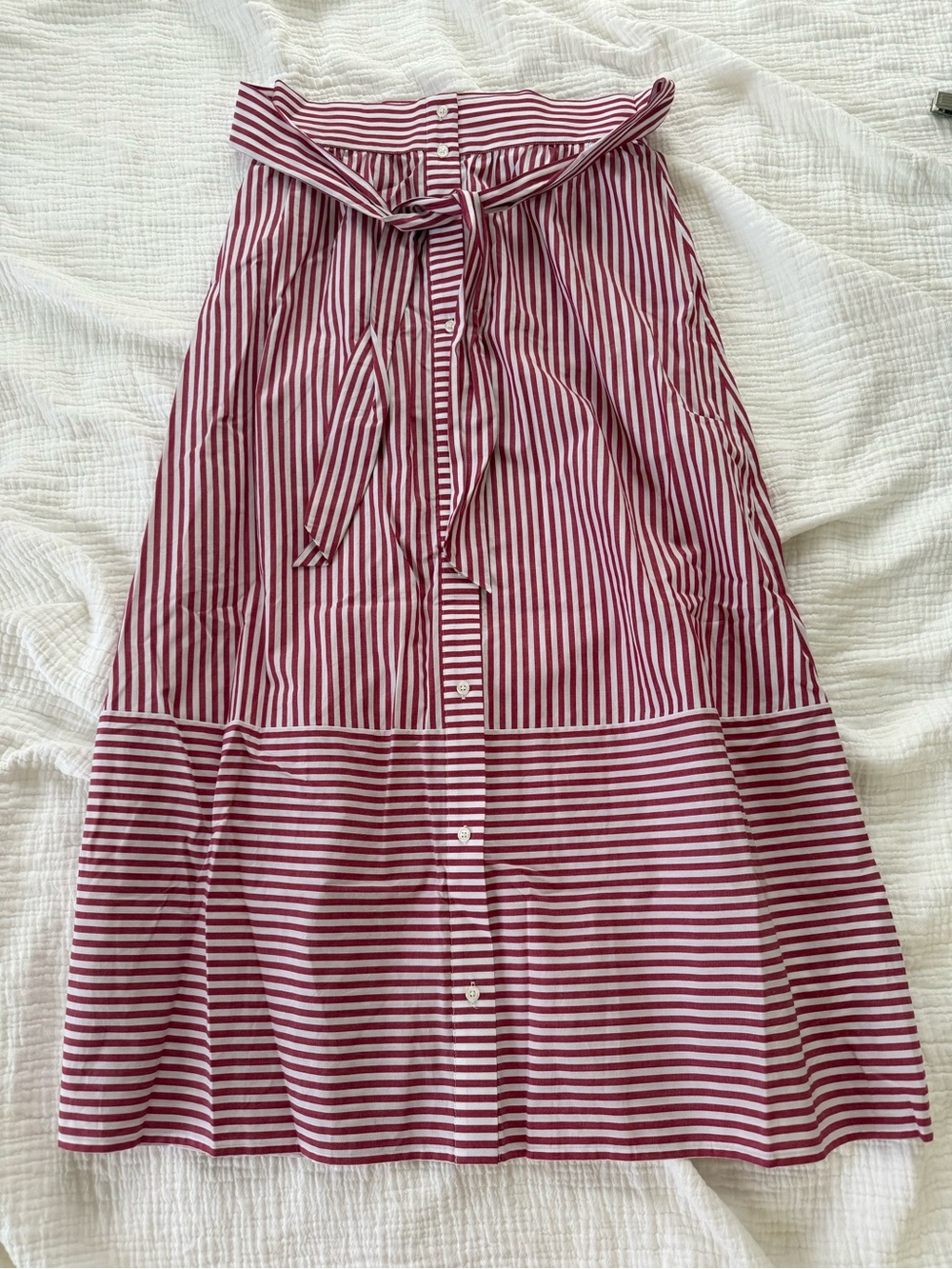 Maje Red and White Striped Midi Skirt with Waist Tie